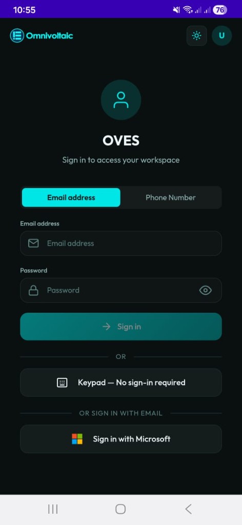 Login screen — tap Keypad button